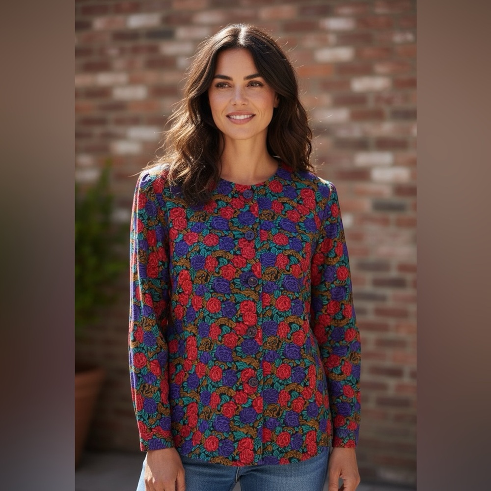 Vibrant Colors‎ Floral Long Sleeve Button up Blouse * Great with Suit Jacket